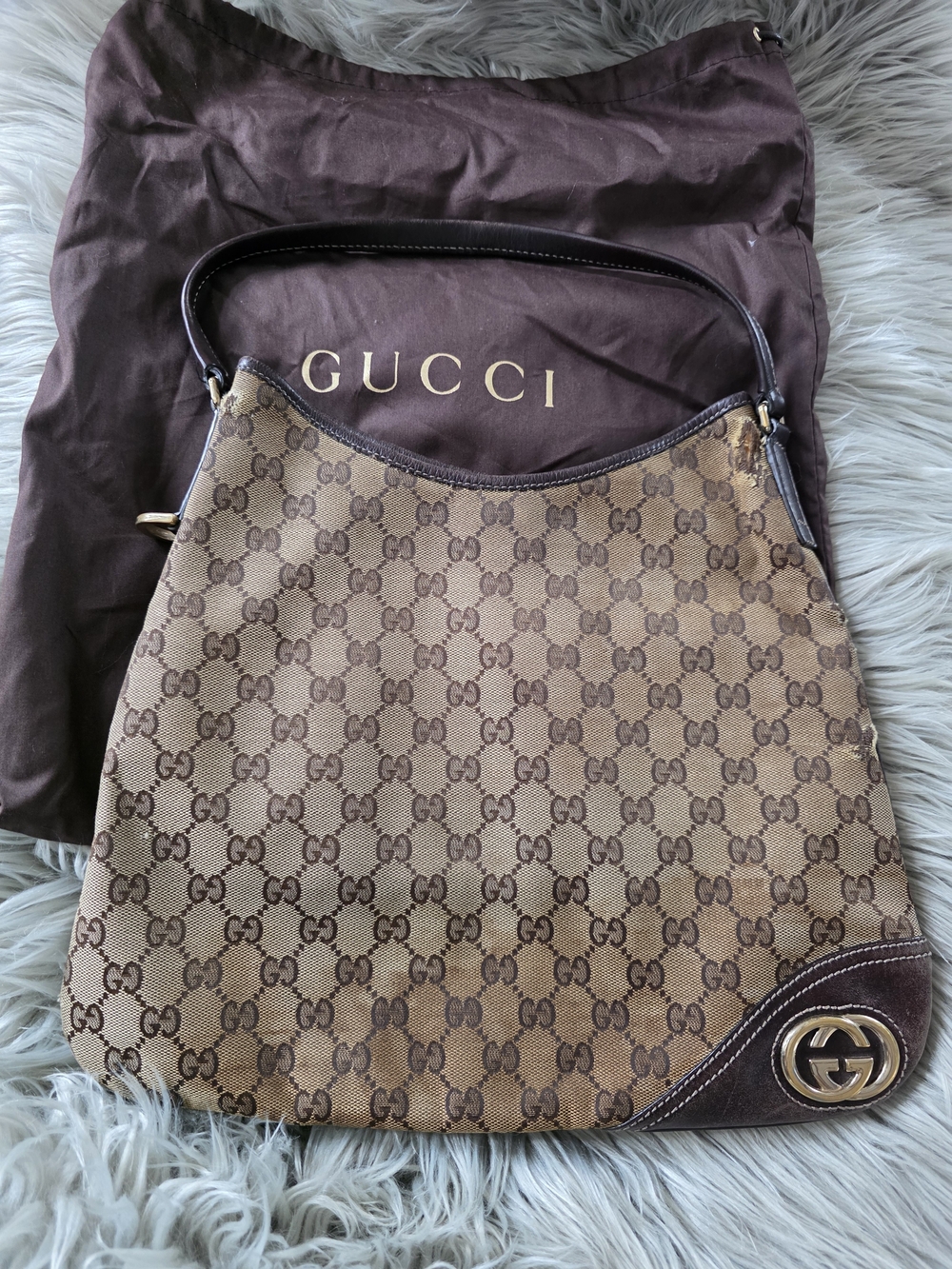Gucci Brown Monogram Canvas Hobo with Gold Hardware